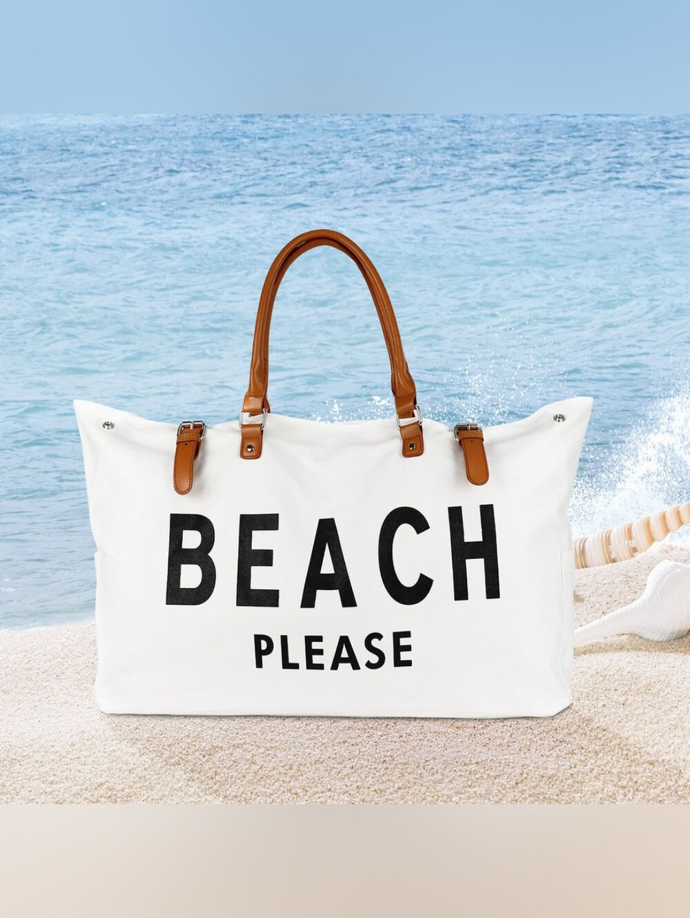 Beach Please Canvas Tote with Tan Handles Great Condition